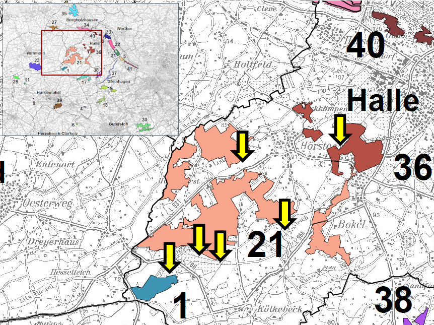 Standorte der geplanten Windräder zwischen den Naturschutzgebieten in Halle (Westf.)